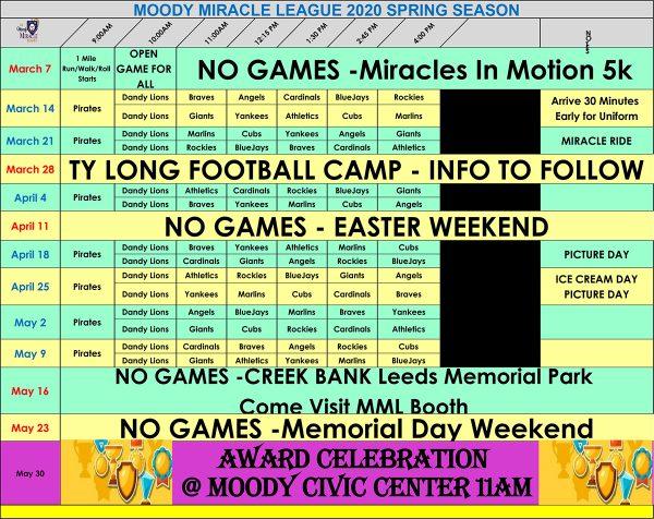 Moody Miracle League 2020 Team Schedule Alabama