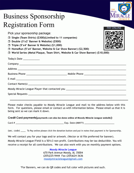 Moody Miracle League 2025 Sponsorship Levels for Special Needs Baseball Teams in Moody, Alabama