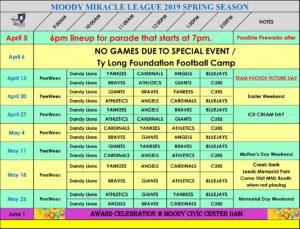 Moody Miracle League 2019 Team Schedule