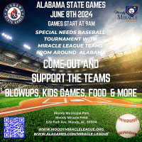 Alabama State Games Coming to Moody Miracle League this Saturday, June 8th! This is a special needs baseball tournament with Miracle League Teams from all around Alabama. Come out and support the teams! Blowups! Kids Games, Food and More!